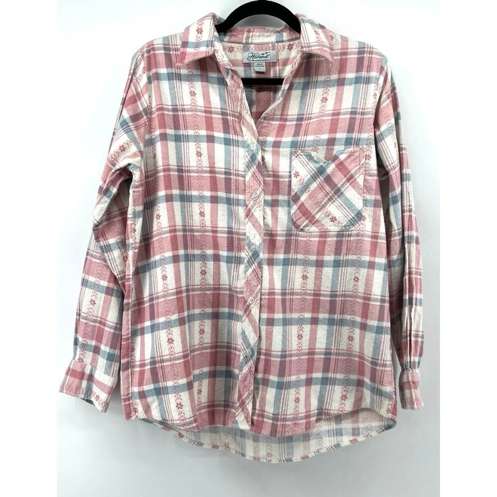 Vintage Haband Women's Flannel Button Down Shirt Size L Pink White Plaid Floral